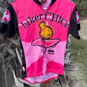 Women’s Biker Chick bicycle top back pockets Precaryous what is life size l